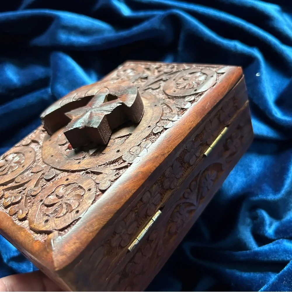 Handcarved Wooden Box with Star and Moon Relief Design‎